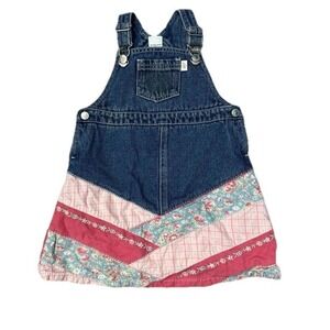 Vintage‎ Gymboree Denim Overall Dress Girls 3T Small Floral Patchwork Skirt Y2K